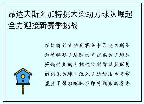 昂达夫斯图加特挑大梁助力球队崛起全力迎接新赛季挑战 昂达夫斯图加特挑大梁助力球队崛起全力迎接新赛季挑战